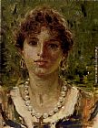 Francesco Paolo Michetti Canvas Paintings - Portrait Of A Girl Wearing A Pearl Necklace